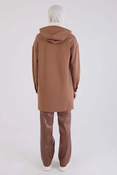 Kahve-Deri Garnili Kapüşonlu Sweat Tunik - 4