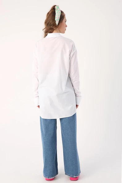 Beyaz-Oversize Kolu Büzgü Detaylı Gömlek - 4
