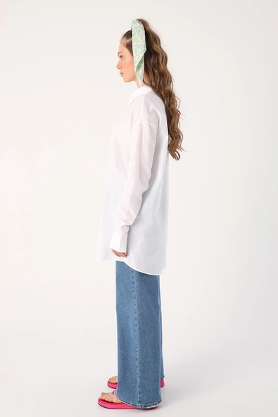 Beyaz-Oversize Kolu Büzgü Detaylı Gömlek - 3