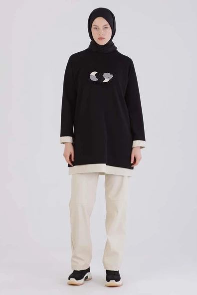 Siyah-Deri Garnili Nakışlı Tunik - Resim 2