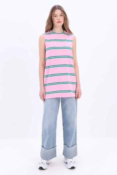 Pembe-Yeşil-Çizgili Kolsuz T-shirt - 2