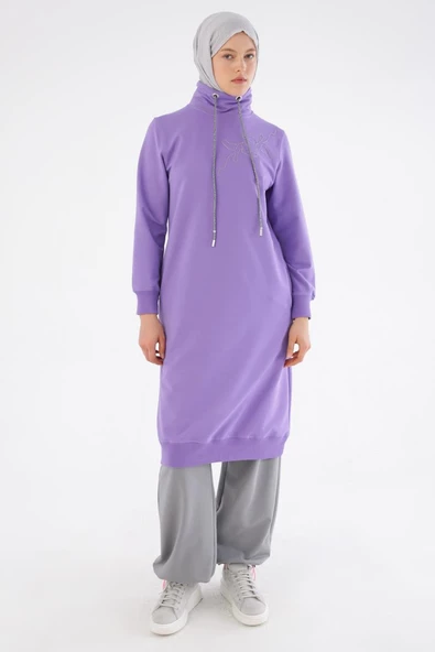 Lila-Zincir Nakışlı Dik Yaka Likralı Uzun Sweat - Resim 2