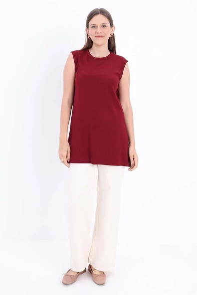Bordo-Pamuklu Fitilli Kolsuz T-Shirt - 2