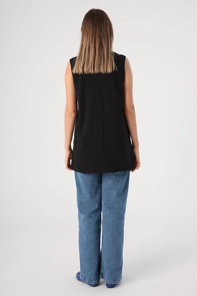 Siyah-%100 Pamuk Kolsuz T-Shirt - Resim 4