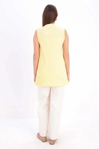 Açık Sarı-Pamuklu Fitilli Kolsuz T-Shirt - Resim 4