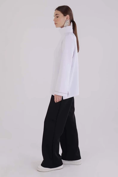 Beyaz-Dik Yaka Kolu Yırtmaçlı Likralı Scuba Bluz - Resim 3