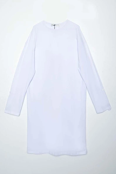 Beyaz-Pamuklu Arkadan Yırtmaçlı Apoletli Likralı Tunik - Resim 5