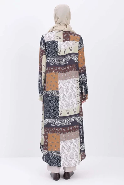 Kahve-Beyaz-Desenli Gömlek Tunik - Resim 4