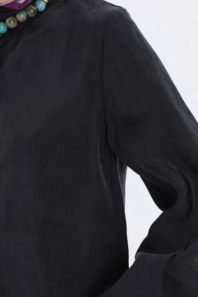 Siyah-Dik Yakalı Kolu Pileli Gömlek Tunik - Resim 6