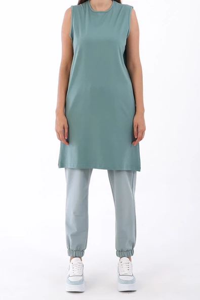 Yeşil-Pamuklu Yaka Biyeli Kolsuz Tunik - Resim 2