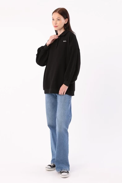 Siyah-Polo Yaka Oversize Sweat - 5