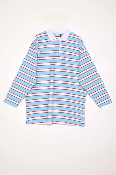 Mavi-Kırmızı-Pamuklu Çizgili Likralı Sweat - Resim 7