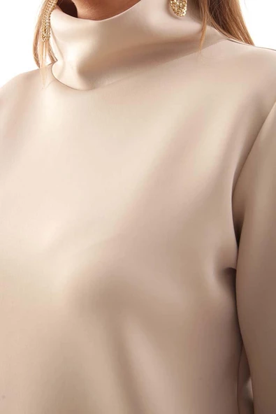 Bej-Dik Yaka Kolu Yırtmaçlı Likralı Scuba Bluz - Resim 6