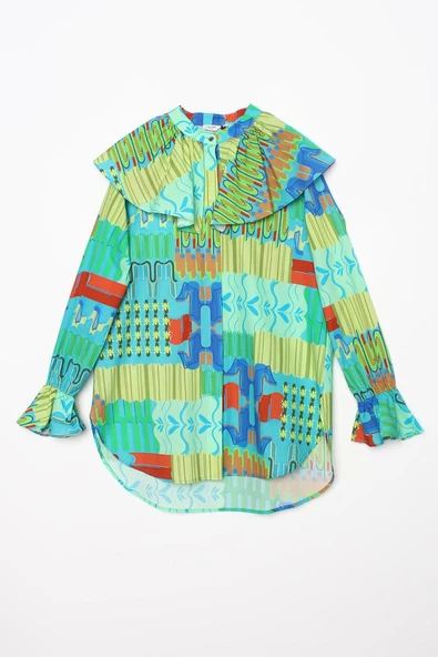 Mavi-Kiremit-%100 Pamuk Büyük Yakalı Desenli Gömlek - Resim 8