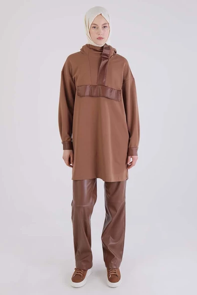 Kahve-Deri Garnili Kapüşonlu Sweat Tunik - 2