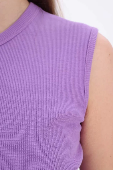 Mor-Pamuklu Fitilli Kolsuz T-Shirt - Resim 5