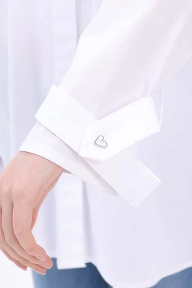 Beyaz-%100 Pamuklu Kalpli Gömlek Tunik - Resim 7