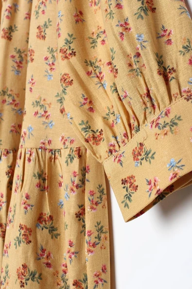 Sarı-Kırmızı-Dik Yaka Beli Büzgü Detaylı Desenli Tunik - Resim 5