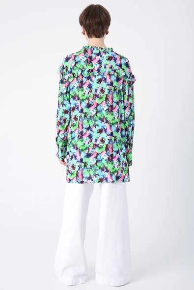 Yeşil-Pembe-Emprime Desenli Fırfırlı Detaylı Gömlek - Resim 4