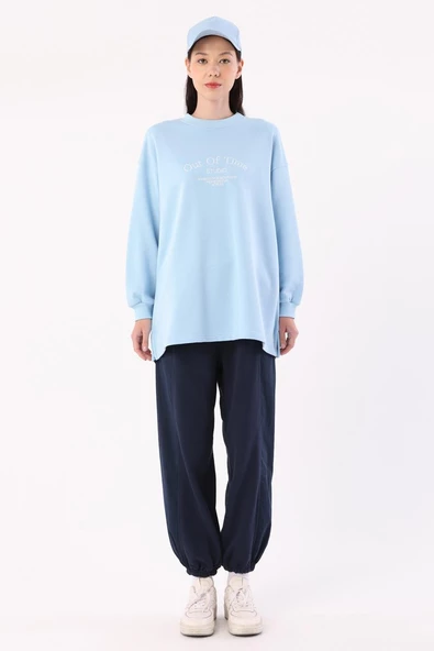 Açık Mavi-Oversize Nakışlı Sweat - 2