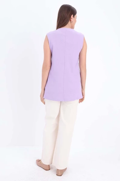 Açık Mor-Pamuklu Fitilli Kolsuz T-Shirt - Resim 4