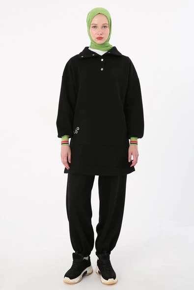 Siyah-Çıtçıt Yakalı Ribana Detaylı Şardonlu Sweat - Resim 2