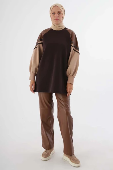 Acı Kahve-Şardonlu Deri Garnili Şeritli Sweat - Resim 2