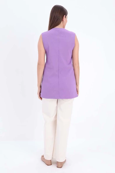 Mor-Pamuklu Fitilli Kolsuz T-Shirt - Resim 4