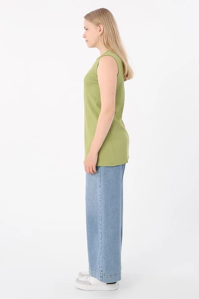 Açık Yeşil-Pamuklu Fitilli Kolsuz T-Shirt - 3