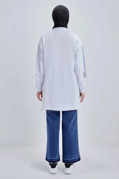 Beyaz-Pamuklu Garnili Taş Detaylı Sweat - 4