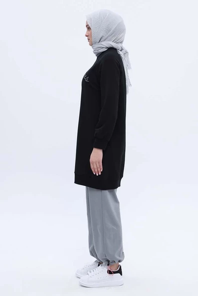 Siyah-Pamuklu Reglan Kol Zincir Nakışlı Sweat Tunik - 3