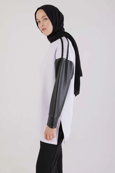 Beyaz-Kolları Deri Garnili Scuba Tunik ürün görseli 1