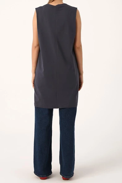 Füme-Pamuklu Yaka Biyeli Kolsuz Tunik - Resim 3