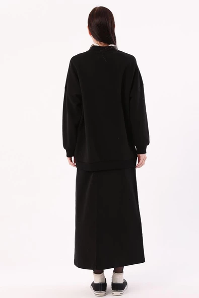 Siyah-Oversize Şardonlu Şerit Detaylı Sweatshirt - 4