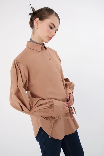 Toprak-%100 Pamuk Kolları Bağlama Detaylı Gömlek - 5