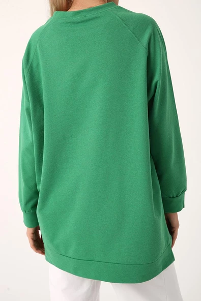 Yeşil-Bisiklet Yaka Reglan Kol Sweat - Resim 5