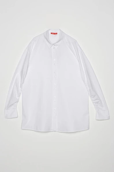 Beyaz-Oversize Kolu Büzgü Detaylı Gömlek - 7