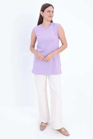 Açık Mor-Pamuklu Fitilli Kolsuz T-Shirt ürün görseli