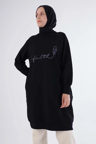 Siyah-Faıth Yazılı Nakışlı Sweat