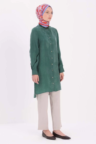 Zümrüt-Dik Yakalı Kolu Pileli Gömlek Tunik - Resim 3