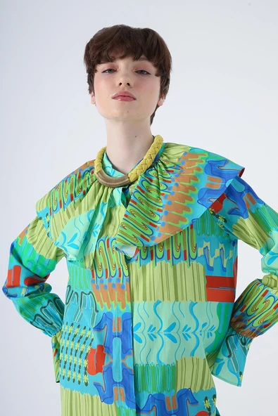 Mavi-Kiremit-%100 Pamuk Büyük Yakalı Desenli Gömlek - Resim 5