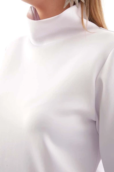 Beyaz-Dik Yaka Kolu Yırtmaçlı Likralı Scuba Bluz - Resim 7