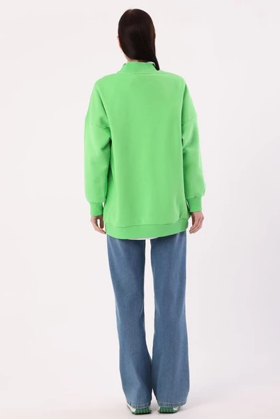 Neon Yeşil-Oversize Şardonlu Şerit Detaylı Sweatshirt - Resim 4