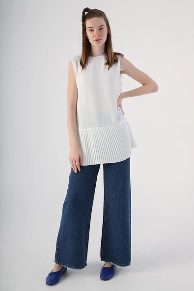 Beyaz-Kolsuz Bisiklet Yaka Eteği Pileli Bluz - Resim 5