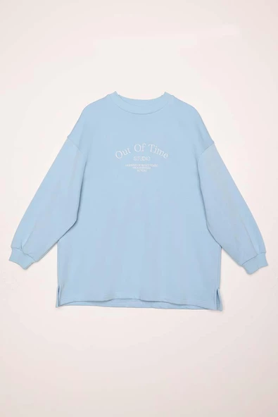 Açık Mavi-Oversize Nakışlı Sweat - 8