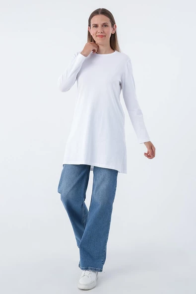 Beyaz-Basic Pamuklu Süprem Sweat Tunik - Resim 3