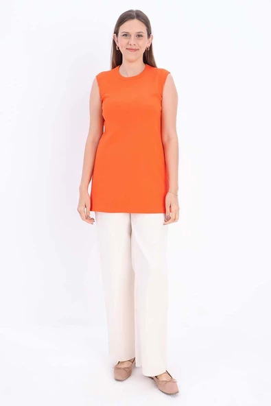 Turuncu-Pamuklu Fitilli Kolsuz T-Shirt - Resim 2