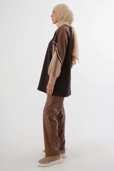 Acı Kahve-Şardonlu Deri Garnili Şeritli Sweat - Resim 3