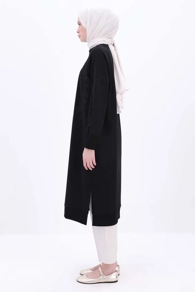 Siyah-Nakışlı Uzun Sweat Tunik - 3