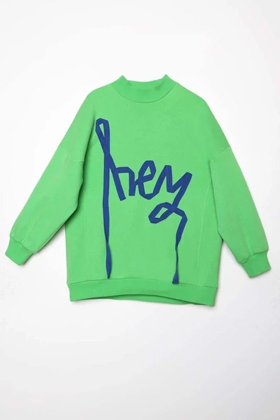 Neon Yeşil-Oversize Şardonlu Şerit Detaylı Sweatshirt - Resim 9